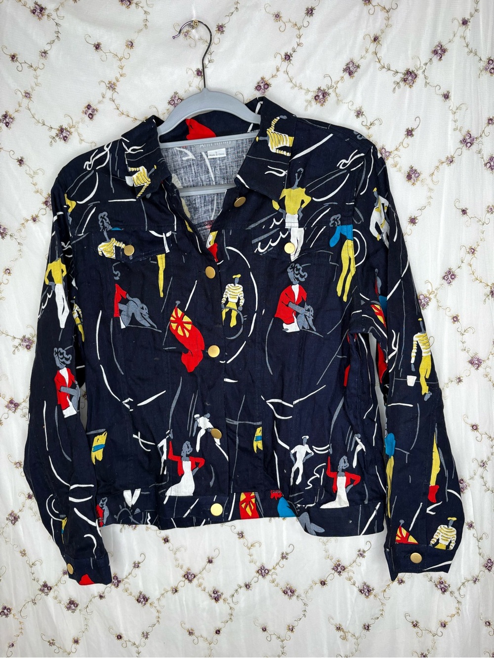 Navy Novelty Print Button-Up Jacket with Colorful Figures